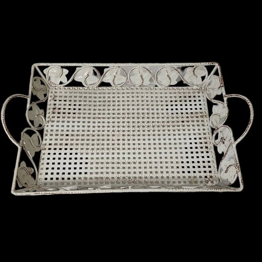 Vintage Style Shabby Chic Metal‎ Footed Tray Basket Like New